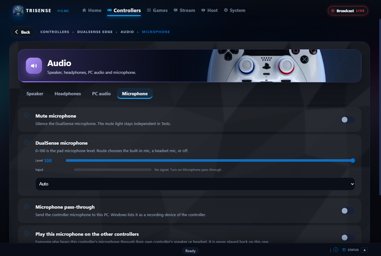 The Microphone tab with the option to play this microphone on the other controllers