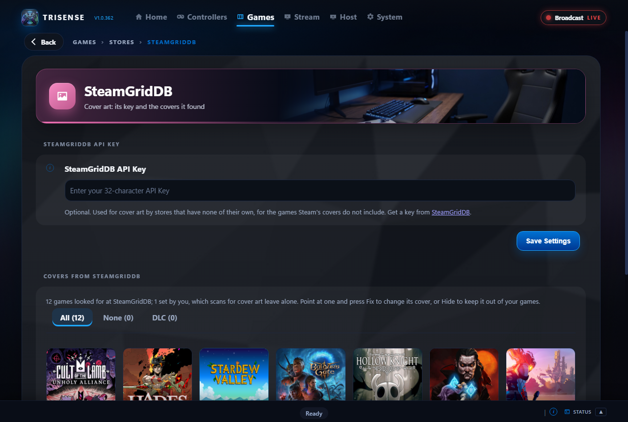 The SteamGridDB page with a grid of covers and their Fix buttons