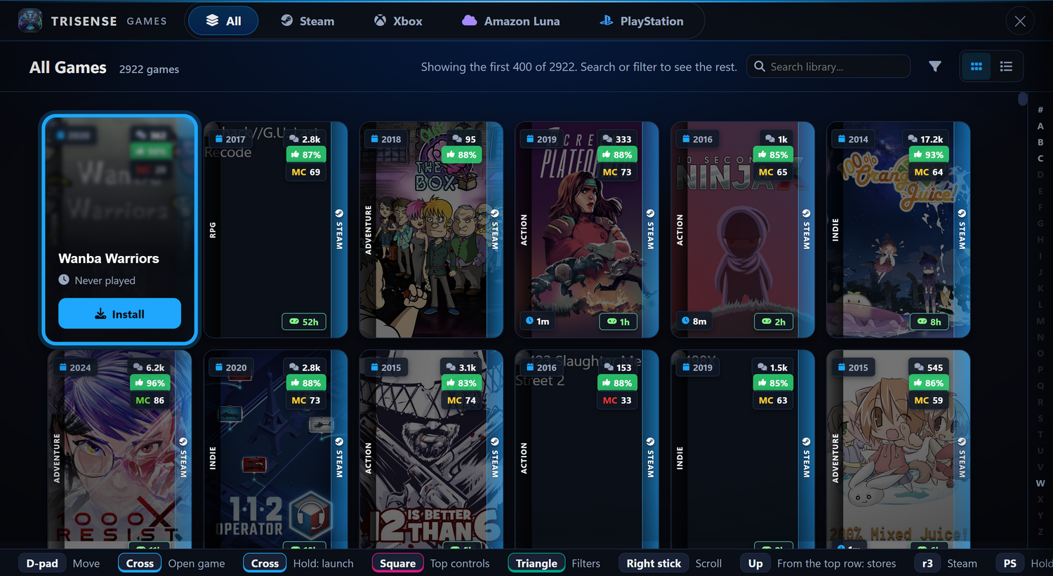 The games overlay showing a library, with the controller legend along the bottom