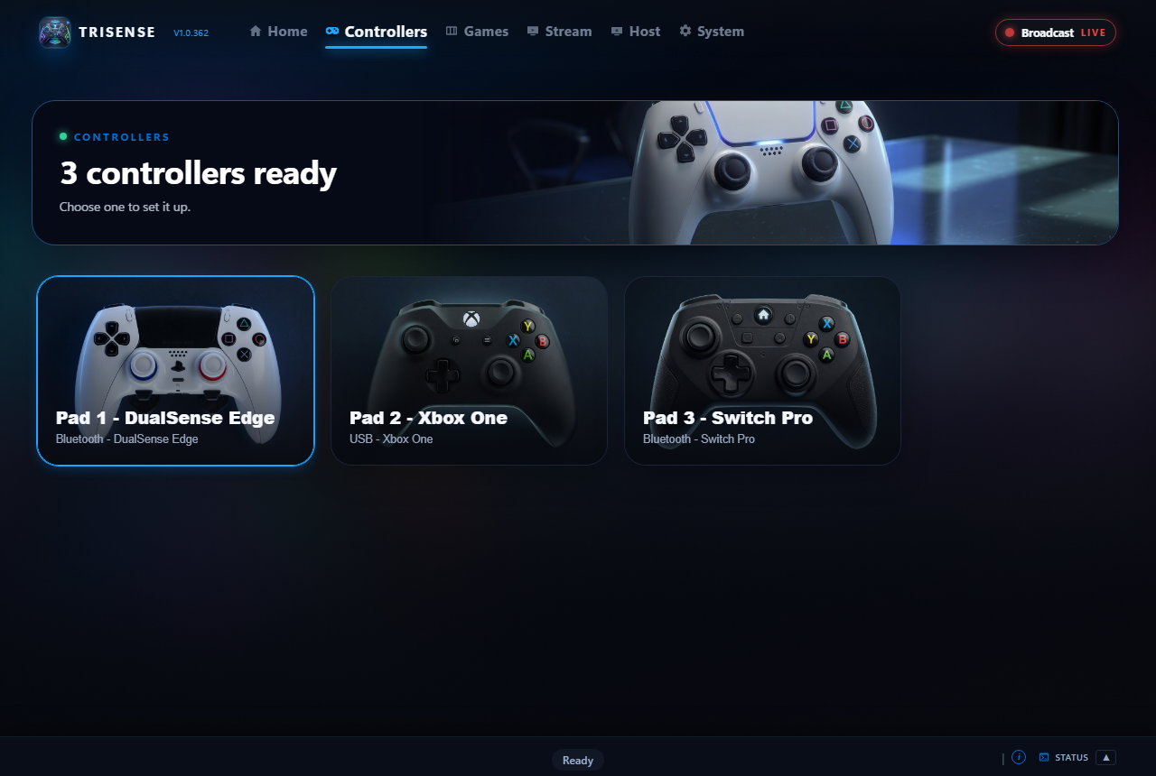 TridentSense showing a DualSense Edge and an Xbox One controller connected