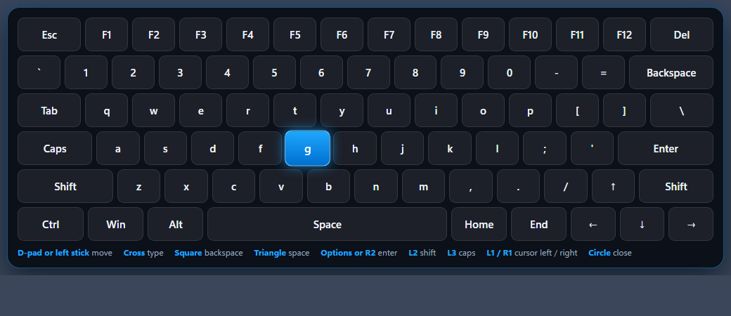 The on-screen keyboard with its controller legend