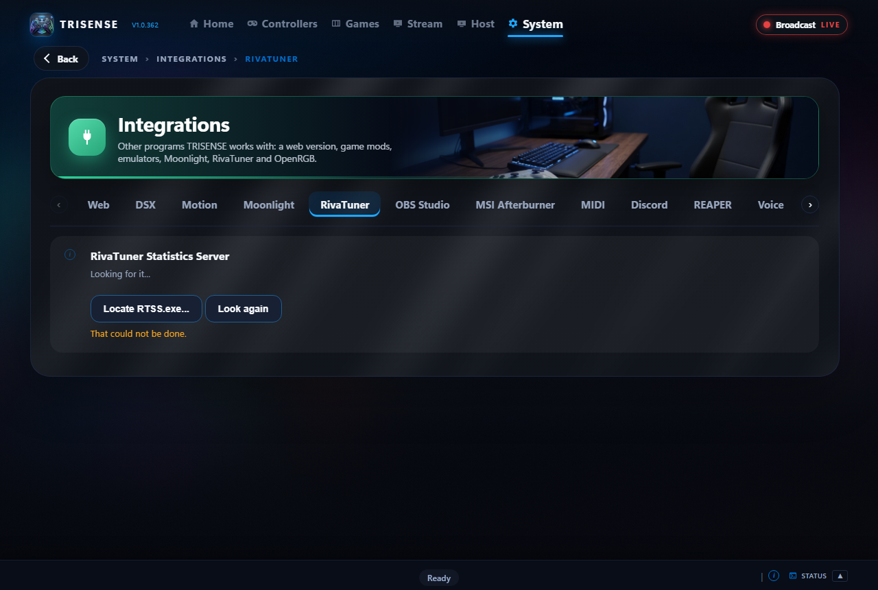 The RivaTuner page under System, Integrations