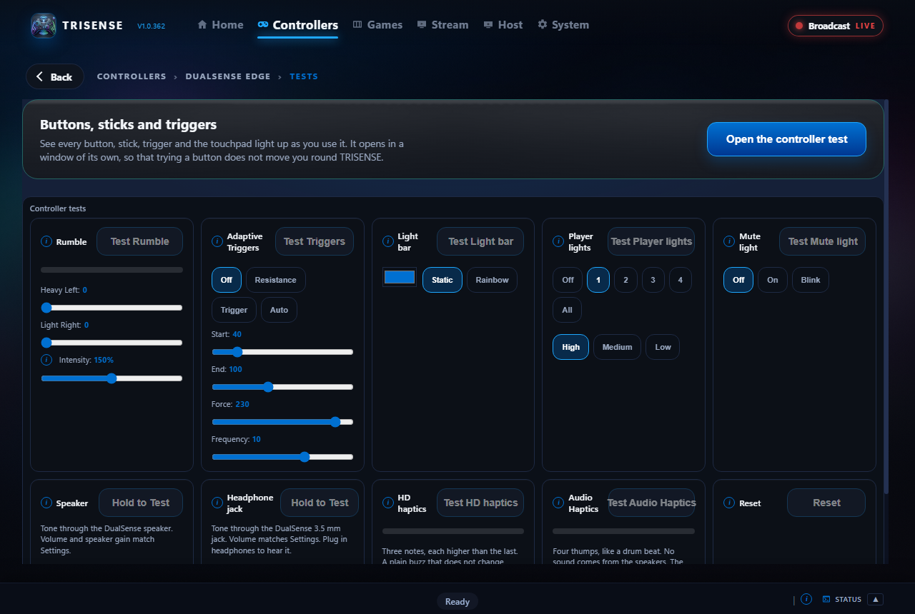 The Tests view showing live controller input
