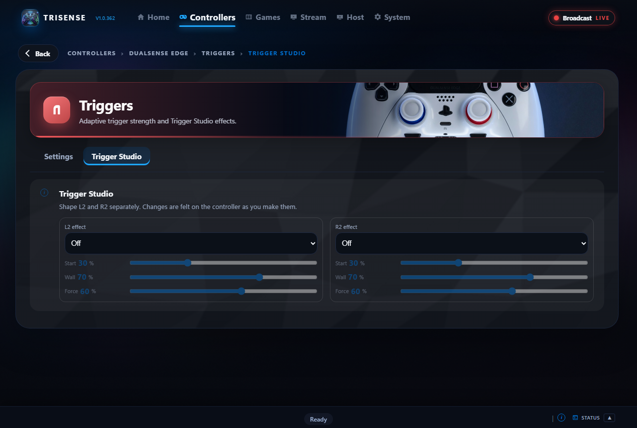 Trigger Studio with separate L2 and R2 effects