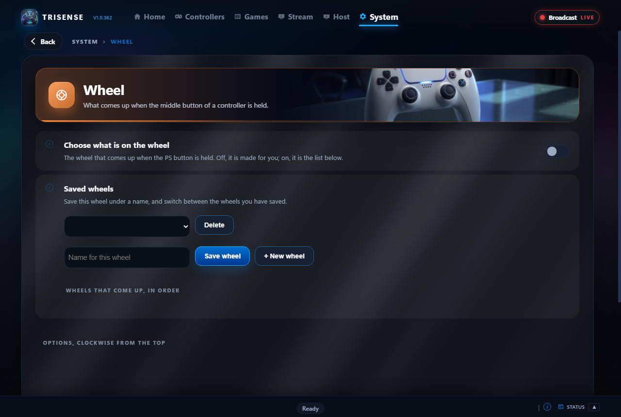 The Wheel page with a picture of the wheel and its options